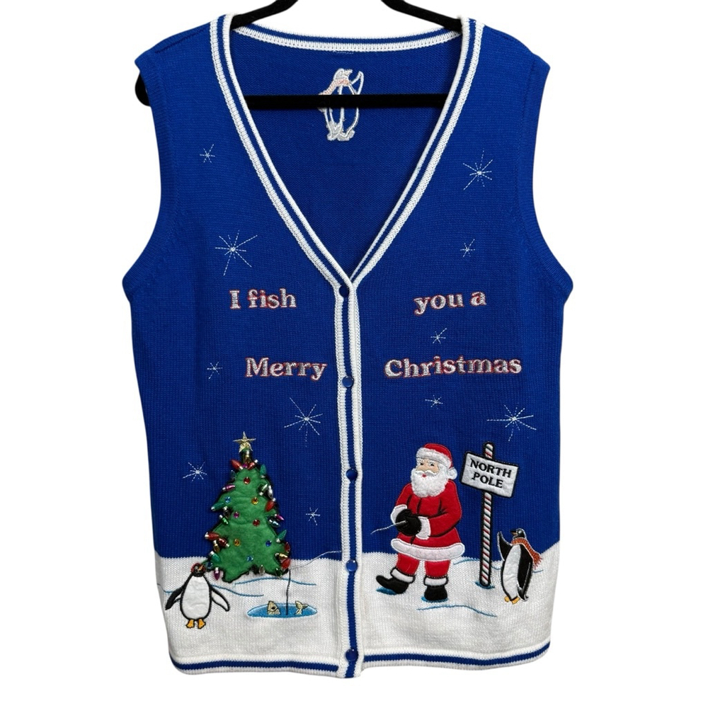 I Fish You A Merry Christmas Santa Penguin Holiday Sweater Vest XL